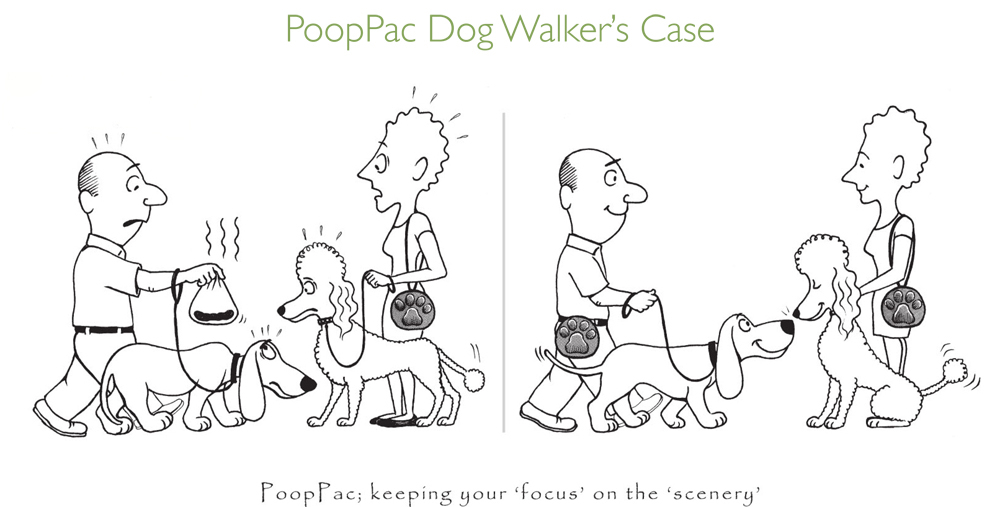 PoopPac Dog Walker's Case cartoon. Left: a dog walker holds a smelly bag at arm's length and everyone grimaces. Right: with PoopPacs on, the walkers and dogs smile at each other. Caption: PoopPac; keeping your focus on the scenery.