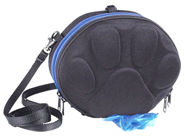 PoopPac front view with shoulder strap and a fresh bag at the base