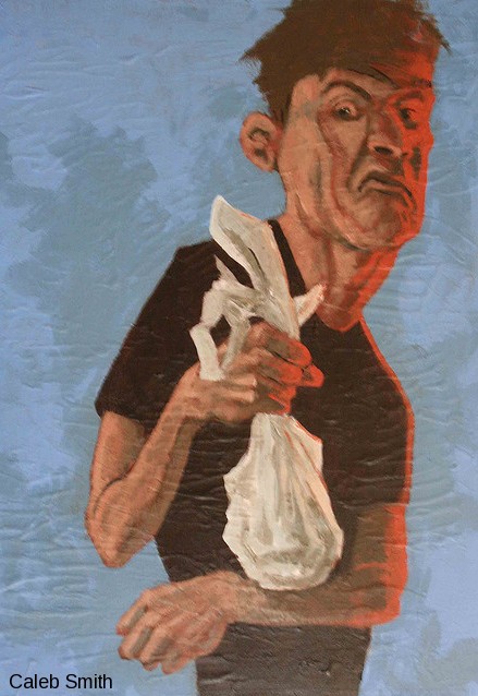 Painting of a grimacing man holding a white bag of dog poop at arm's length